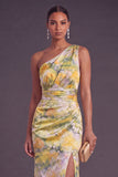 Yellow Mermaid One Shoulder Ruched Maxi Formal Dress with Slit