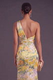 Yellow Mermaid One Shoulder Ruched Maxi Formal Dress with Slit