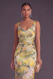 Yellow Floral Sheath Thick Straps Long Formal Dress