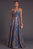 Navy Floral A Line Jacquard Long Formal Dress