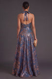 Navy Floral A Line Jacquard Long Formal Dress
