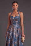 Navy Floral A Line Jacquard Long Formal Dress