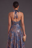Navy Floral A Line Jacquard Long Formal Dress