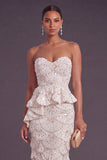 Apricot Sheath Sparkly Sequined Ruffled Long Formal Dress with Slit