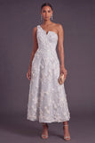 Light Grey A Line One Shoulder Appliqued Floral Long Formal Dress