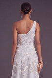 Light Grey A Line One Shoulder Appliqued Floral Long Formal Dress