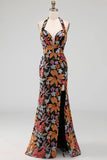 Black Floral Sparkly Sequins Long Formal Dress with Slit