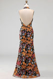 Black Floral Sparkly Sequins Long Formal Dress with Slit