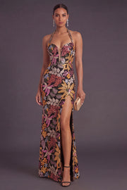 Black Floral Sparkly Sequins Long Formal Dress with Slit