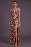 Black Floral Sparkly Sequins Long Formal Dress with Slit