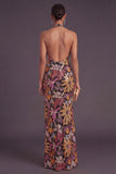 Black Floral Sparkly Sequins Long Formal Dress with Slit