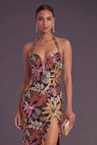 Black Floral Sparkly Sequins Long Formal Dress with Slit