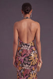 Black Floral Sparkly Sequins Long Formal Dress with Slit