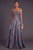 Navy Floral A Line Spaghetti Straps Jacquard Long Formal Dress