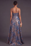 Navy Floral A Line Spaghetti Straps Jacquard Long Formal Dress