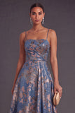 Navy Floral A Line Spaghetti Straps Jacquard Long Formal Dress