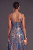 Navy Floral A Line Spaghetti Straps Jacquard Long Formal Dress