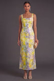 Yellow Floral Square Neck Mermaid Long Formal Dress