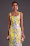 Yellow Floral Square Neck Mermaid Long Formal Dress
