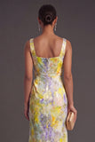 Yellow Floral Square Neck Mermaid Long Formal Dress