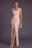 Yellow Floral Square Neck Mermaid Long Formal Dress with Slit