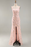 Yellow Floral Square Neck Mermaid Long Formal Dress with Slit