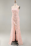 Yellow Floral Square Neck Mermaid Long Formal Dress with Slit