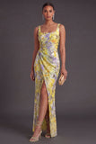 Yellow Floral Square Neck Mermaid Long Formal Dress with Slit