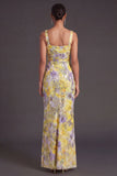Yellow Floral Square Neck Mermaid Long Formal Dress with Slit