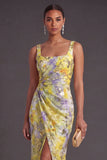 Yellow Floral Square Neck Mermaid Long Formal Dress with Slit