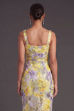 Yellow Floral Square Neck Mermaid Long Formal Dress with Slit