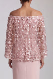 Blush Sparkly Sequined Mermaid Long Mother of the Bride Dress with Cape