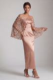 Blush Sparkly Sequined Mermaid Long Mother of the Bride Dress with Cape