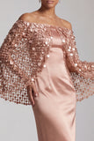 Blush Sparkly Sequined Mermaid Long Mother of the Bride Dress with Cape