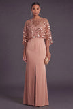 Sparkly Dusty Rose Sequin Boat Neck Mermaid Long Formal Dress with Slit