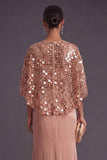 Sparkly Dusty Rose Sequin Boat Neck Mermaid Long Formal Dress with Slit