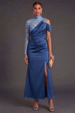 Pink Sparkly Sequin Floral High Neck Mermaid Long Formal Dress with Slit