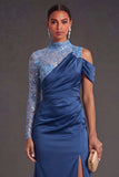 Pink Sparkly Sequin Floral High Neck Mermaid Long Formal Dress with Slit