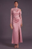 Pink Sparkly Sequin Floral High Neck Mermaid Long Formal Dress with Slit