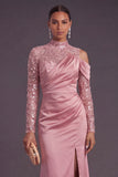 Pink Sparkly Sequin Floral High Neck Mermaid Long Formal Dress with Slit