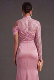 Pink Sparkly Sequin Floral High Neck Mermaid Long Formal Dress with Slit