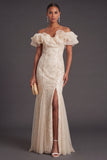Sparkly Apricot Floral Off the Shoulder Mermaid Long Formal Dress with Slit