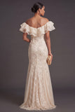 Sparkly Apricot Floral Off the Shoulder Mermaid Long Formal Dress with Slit
