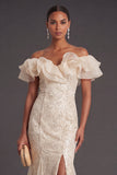 Sparkly Apricot Floral Off the Shoulder Mermaid Long Formal Dress with Slit