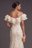 Sparkly Apricot Floral Off the Shoulder Mermaid Long Formal Dress with Slit