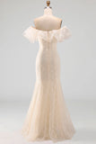 Sparkly Apricot Floral Off the Shoulder Mermaid Long Formal Dress with Slit