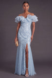 Sparkly Apricot Floral Off the Shoulder Mermaid Long Formal Dress with Slit