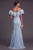 Sparkly Apricot Floral Off the Shoulder Mermaid Long Formal Dress with Slit