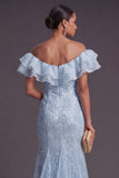 Sparkly Apricot Floral Off the Shoulder Mermaid Long Formal Dress with Slit