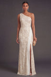 Apricot Sparkly Floral Mermaid One Shoulder Long Formal Dress with Slit